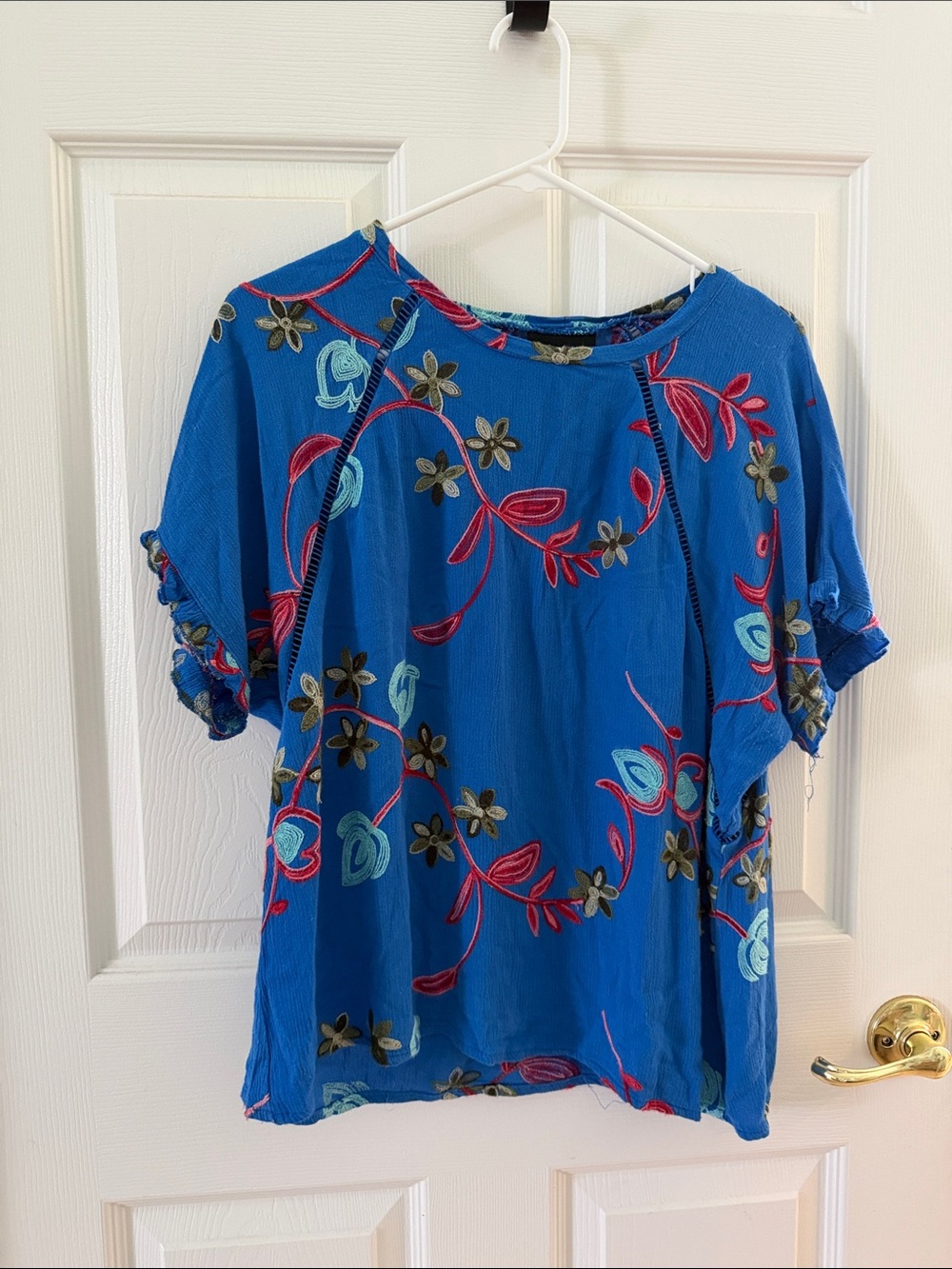 Blue Floral Embroidered Short Sleeve Blouse
